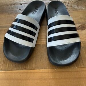 adidas Black and White Slide Sandals with Three Stripes